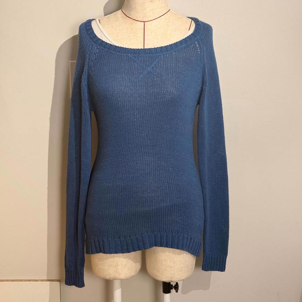 Maille Girl Blue Sweater Women's M Wide Neck Open Knit